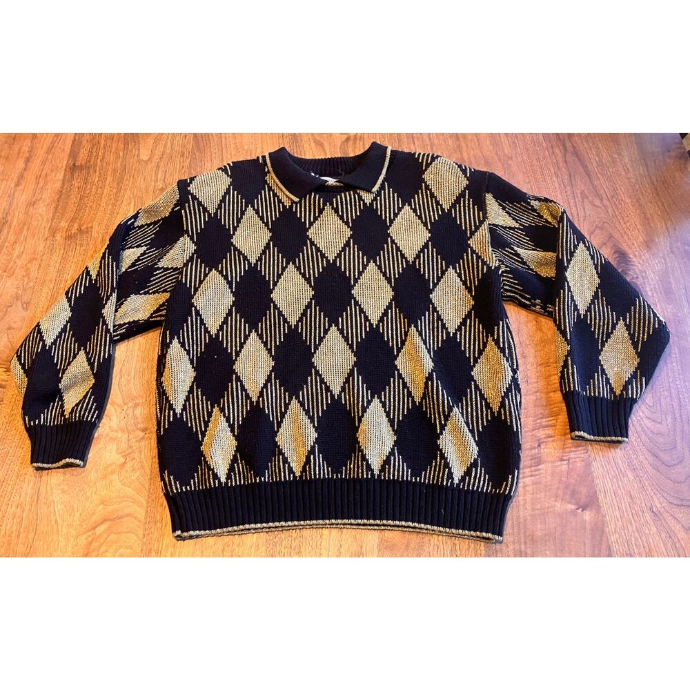 Vintage Alfred Dunner Shoulder Pad Sweater M Black Gold Argyle Glitter USA